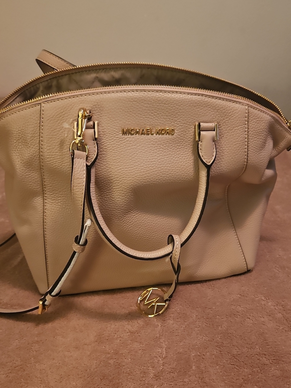 Michael Kors Beige Leather Satchel with Gold Hardware